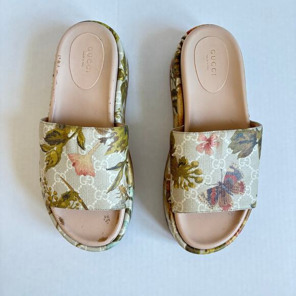 Gucci Angelina Platform Slide Sandals Beige GG Monogram Floral Canvas Size EU 38 - Picture 2 of 14
